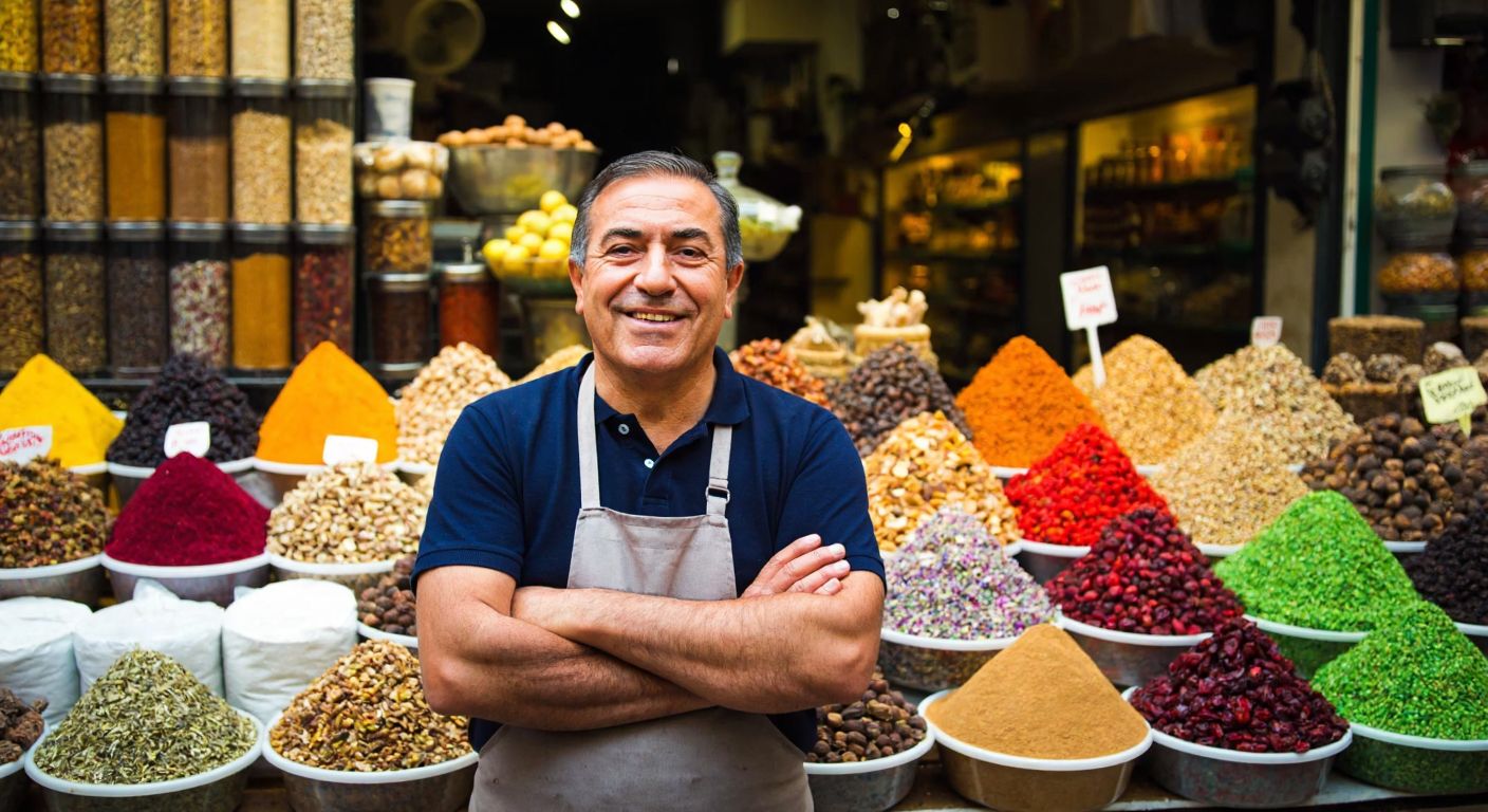 A middle-aged Turkish man with a warm smile, wearing an apron, standing proudly in a bustling Istanbul spice bazaar surrounded by colorful sacks of nuts, dried fruits, and aromatic teas.
