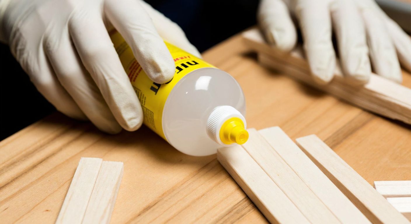 A close-up of a clear, glossy adhesive bottle labeled "UHU Hart" resting on a wooden craft table, surrounded by small balsa wood pieces being firmly bonded together by a pair of hands wearing protective gloves.