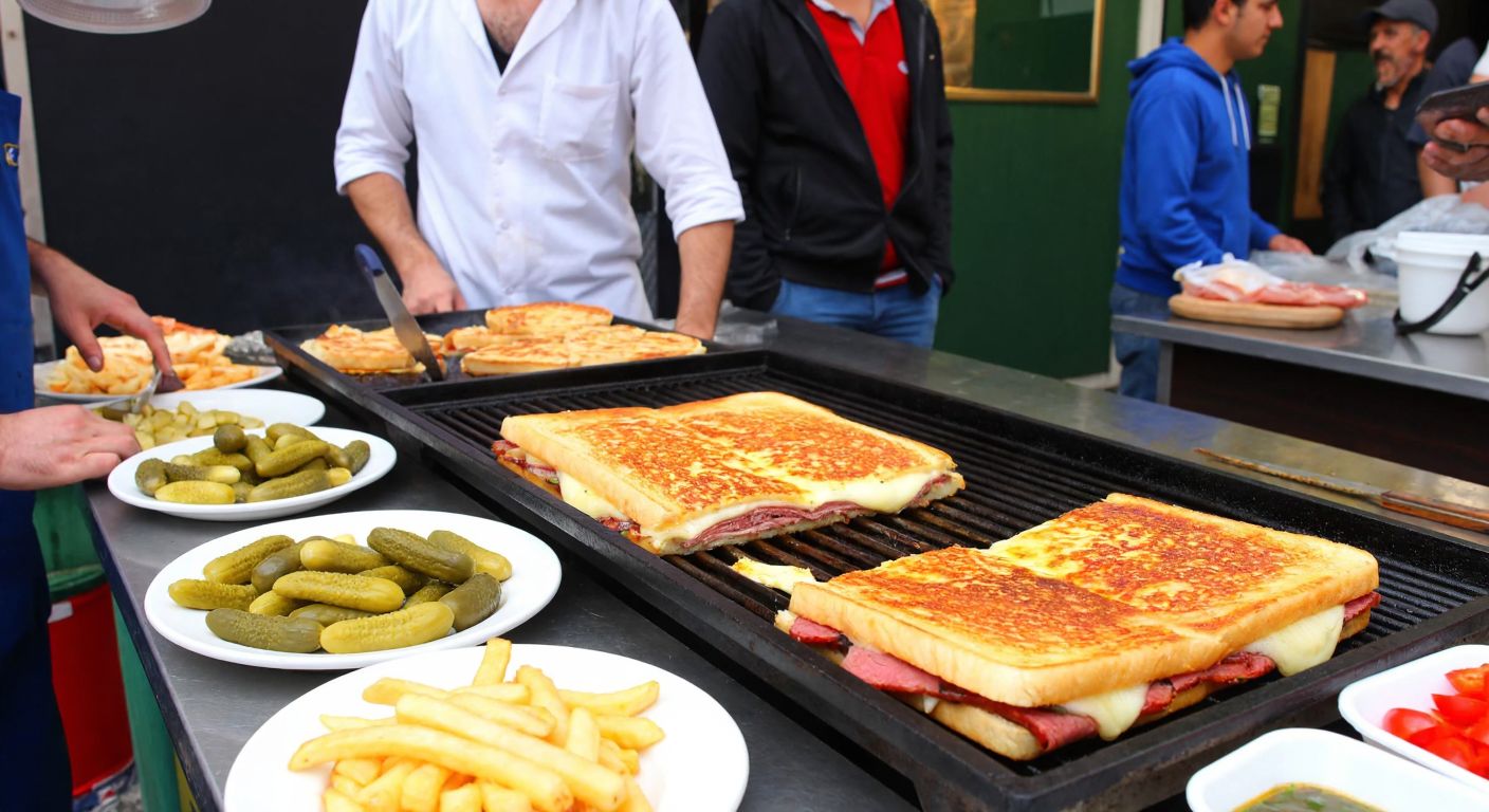 A bustling Turkish street food stall with a sizzling grill, where a vendor in a white apron prepares a golden, crispy *paşa tost* filled with melted cheese and pastrami, surrounded by plates of pickles, fries, and fresh peppers, while eager customers watch with anticipation.