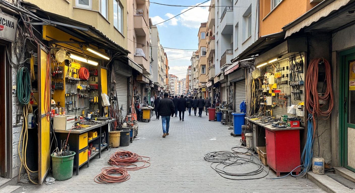 A bustling street in Sincan, Ankara, with two small electrical repair shops—one on a narrow lane in Osmanlı Mahallesi and another on a busy corner in Tandoğan Mahallesi, both with tools and cables visible through open doors.