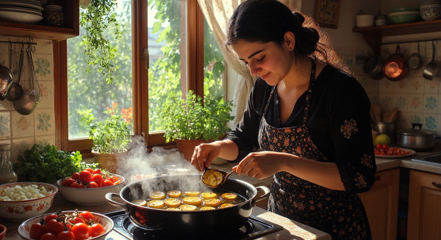 A Turkish woman in a sunlit kitchen carefully frying golden eggplant slices in a deep pot of bubbling oil, her face focused yet content, with a bowl of freshly cut vegetables nearby.