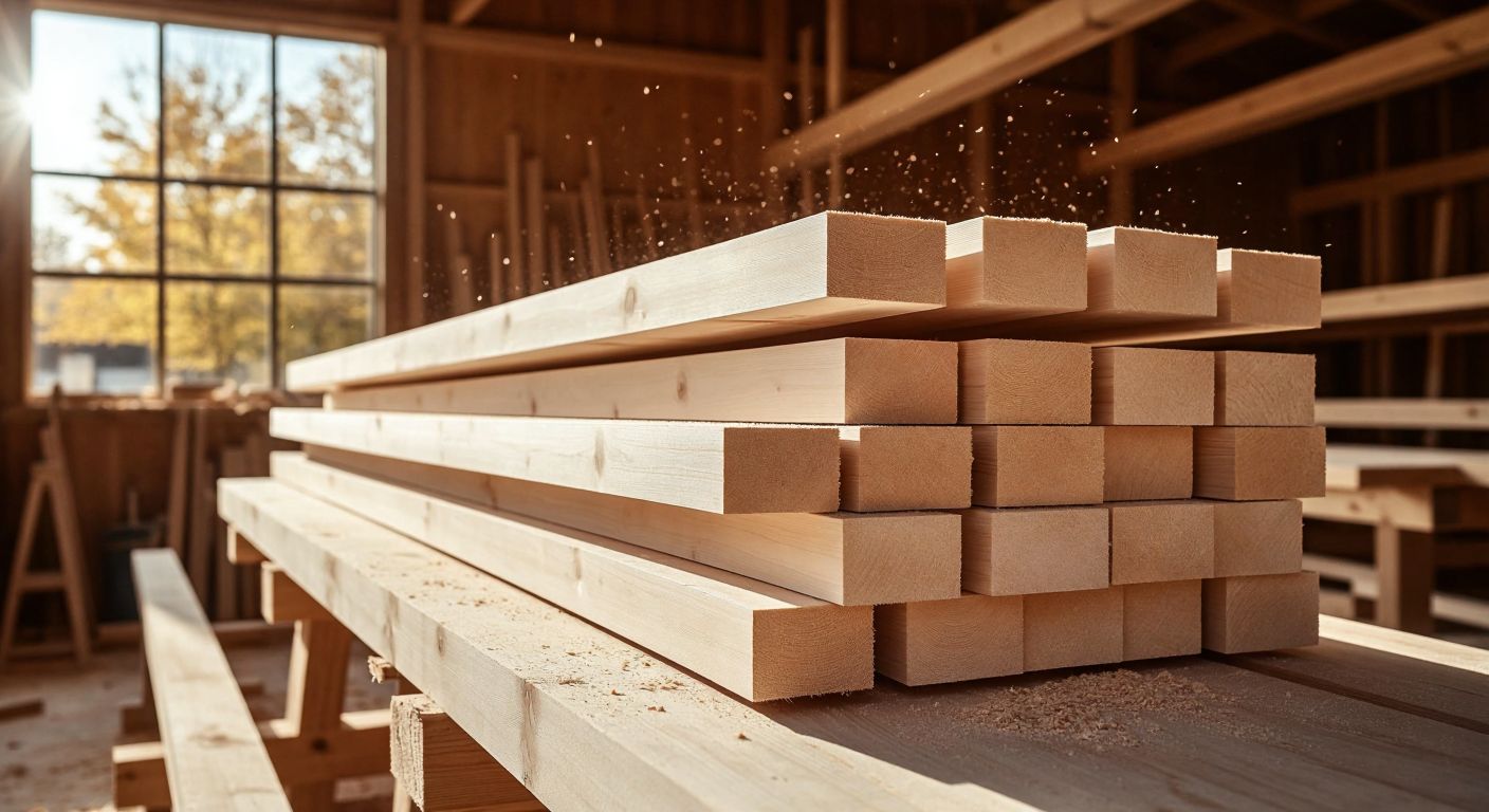 A stack of smooth, pale wooden planks cut from Canadian poplar, neatly arranged in a sunlit carpentry workshop with sawdust floating in the air.
