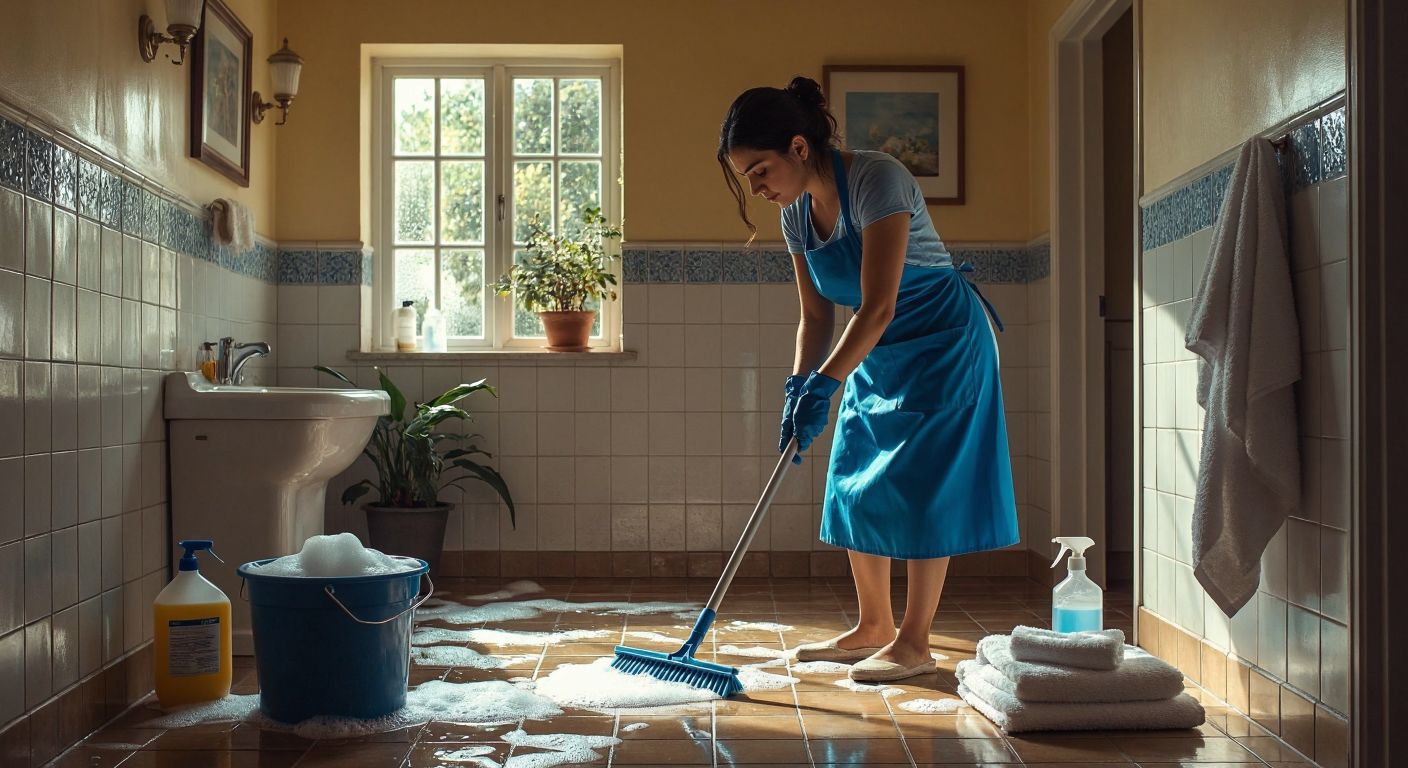 A Turkish woman in a blue cleaning apron vigorously scrubbing a tiled bathroom floor with a mop, surrounded by a bucket of soapy water, a spray bottle, and a pile of fresh towels, with sunlight streaming through a small window.