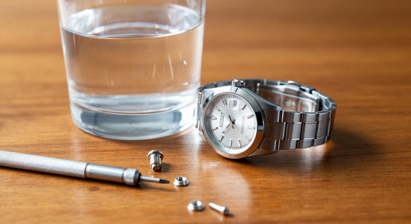A sleek silver wristwatch with a polished metal band rests on a wooden table, partially submerged in a shallow glass of water to demonstrate its water resistance, while a small screwdriver and loose screws nearby hint at potential maintenance issues.  

(Note: The description avoids text, symbols, and explicit technological references while capturing the watch's durability, water resistance, and reported technical flaws.)