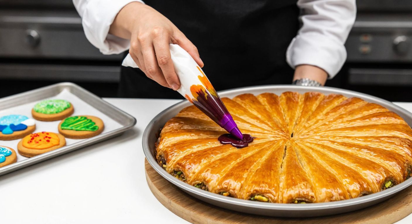 A vibrant Turkish pastry chef carefully piping colorful edible ink onto a freshly baked baklava, with a tray of decorated cookies and candies beside them.