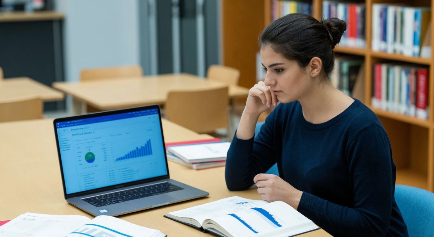 A focused Turkish student in a university library, surrounded by open statistics textbooks and a laptop displaying a data analysis program, with a thoughtful expression while comparing two sets of numerical results.