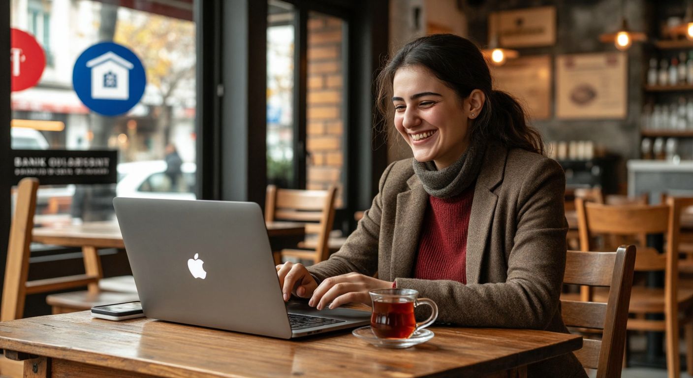 A person in Turkey sits at a wooden table with a laptop open, smiling while transferring money, surrounded by bank logos and a steaming cup of Turkish tea.