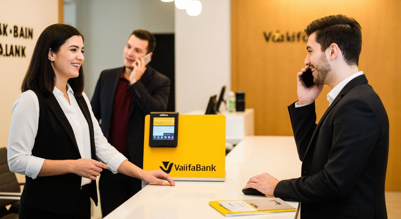 A smiling bank employee in a Vakıfbank branch assists a customer at a counter, while another person speaks on the phone nearby, both surrounded by warm lighting and a clean, professional setting.