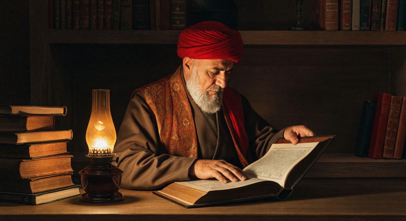 An elderly Turkish scholar in traditional Ottoman attire pensively examines an open historical manuscript under the soft glow of an oil lamp, surrounded by stacks of aged books in a dimly lit wooden study.
