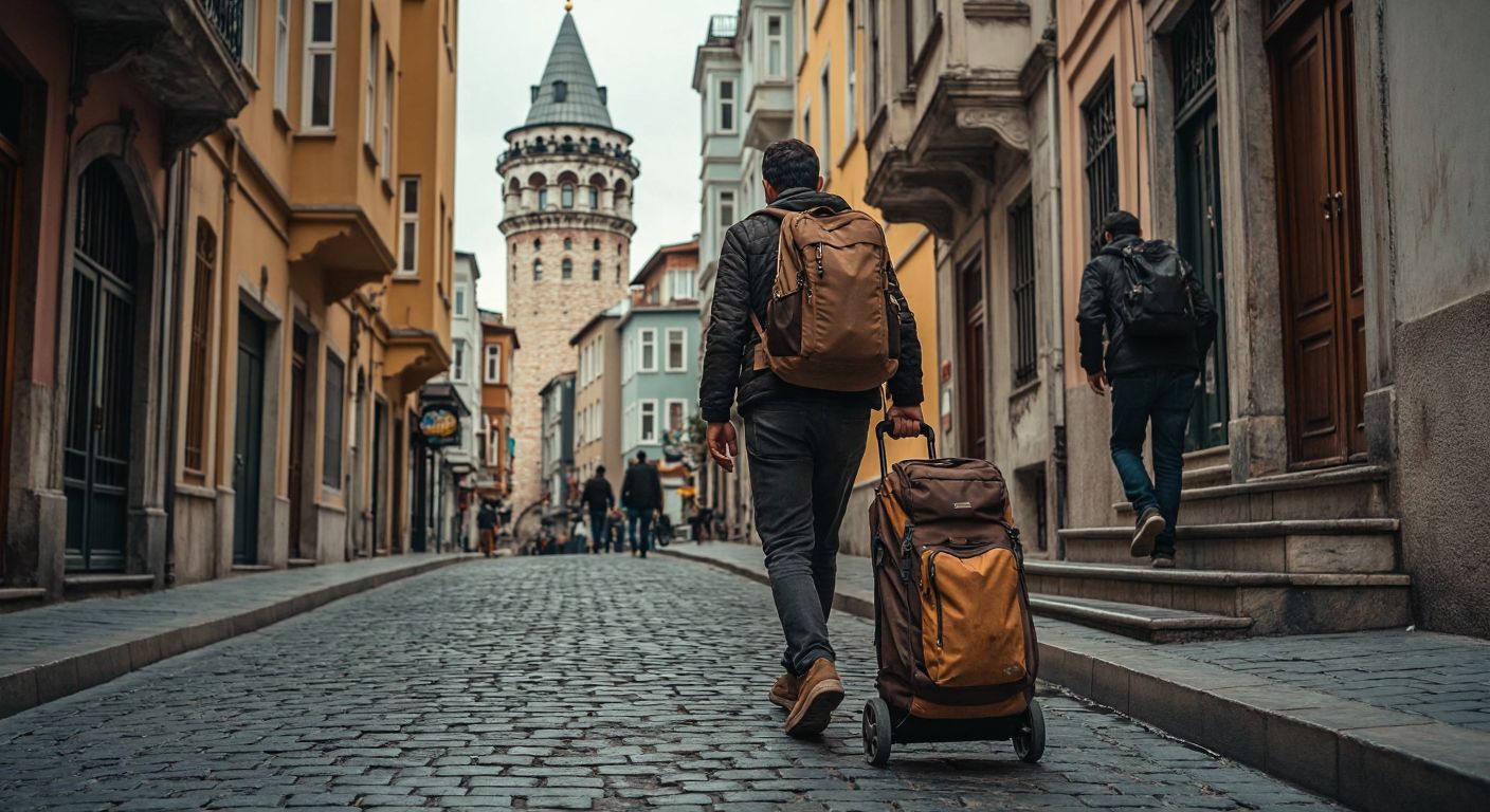 A traveler in Istanbul rolls a wheeled backpack along a smooth cobblestone street near the Galata Tower, while another struggles to carry theirs up a steep staircase in the historic district.