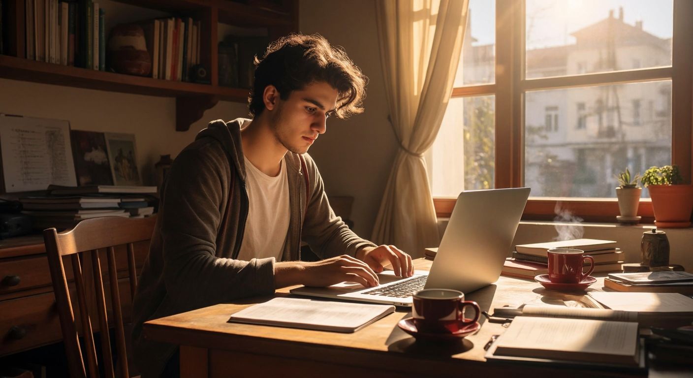 A focused young Turkish student sits at a wooden desk in a sunlit room, typing on a laptop with a determined expression, surrounded by scattered notebooks and a steaming cup of Turkish tea.
