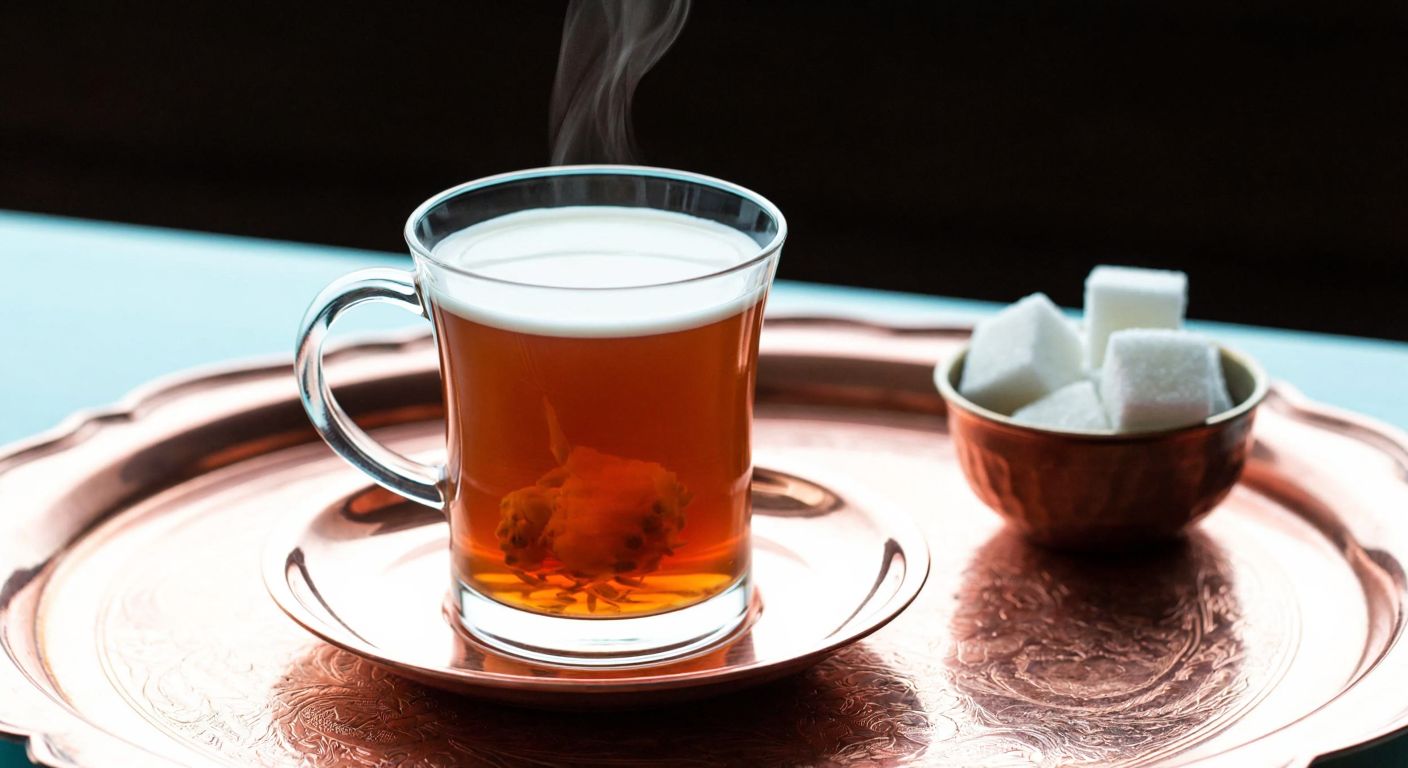 A steaming cup of amber tea with a swirl of creamy milk blending into it, set on a traditional Turkish copper tray beside a small bowl of sugar cubes.