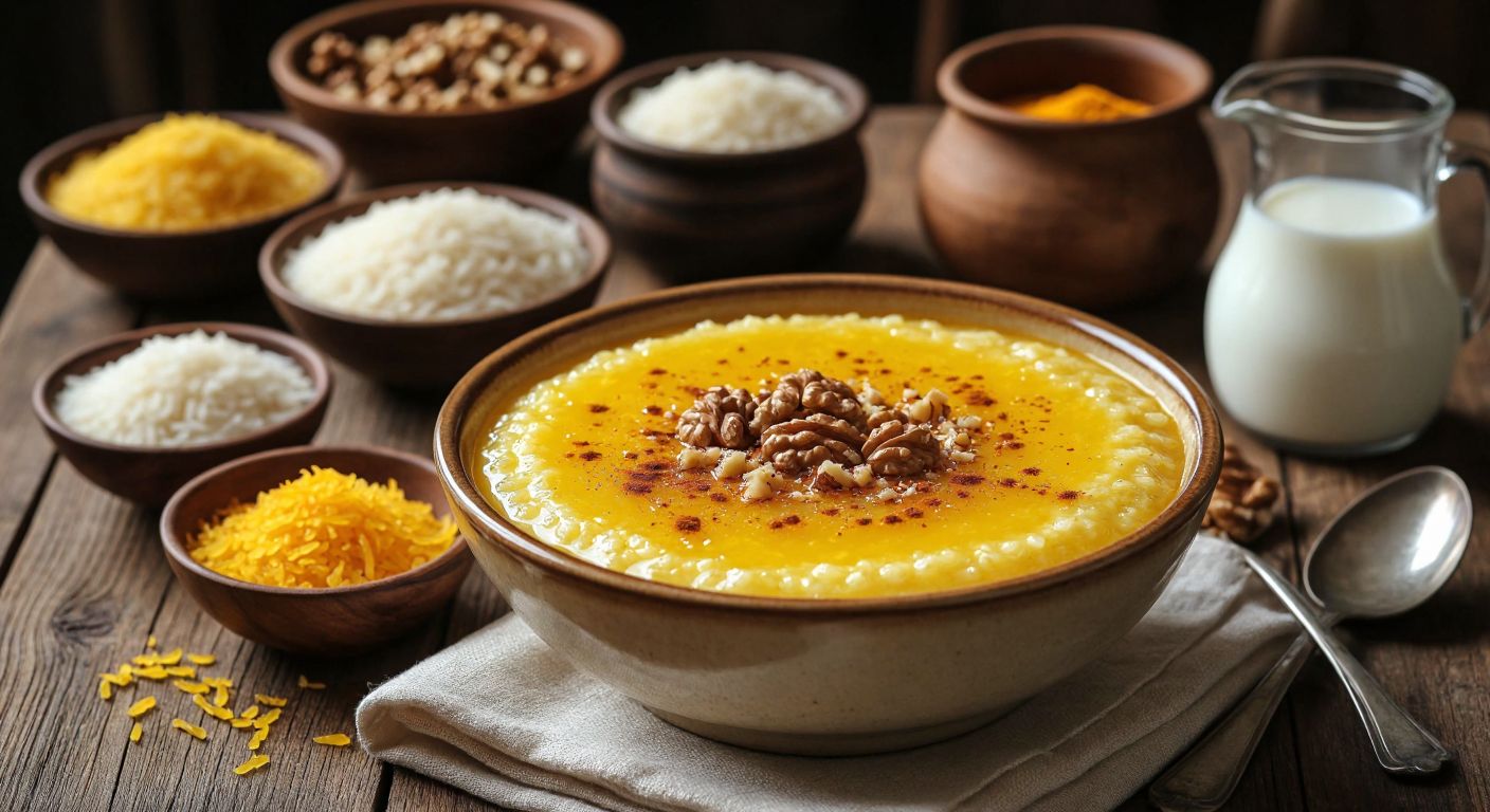 A warm, golden-hued bowl of zerde (Turkish saffron rice pudding) sits on a wooden table, garnished with a sprinkle of cinnamon and crushed walnuts, surrounded by small bowls of baldo rice, saffron threads, and a jug of milk, evoking a cozy, traditional Turkish kitchen.