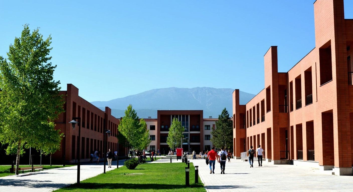 A modern university campus in Bursa with students walking between red-brick buildings under a clear blue sky, surrounded by green trees and the silhouette of Uludağ mountain in the distance.