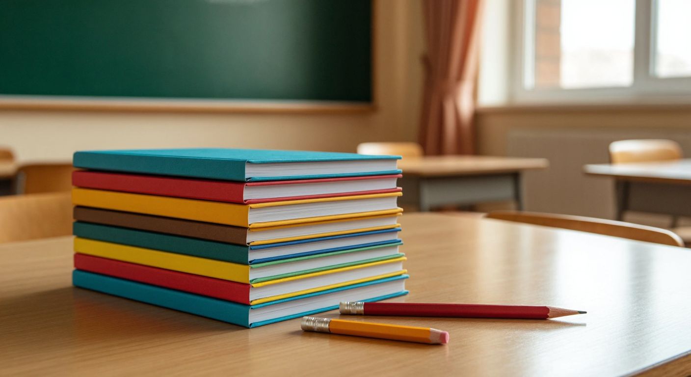 A stack of colorful math workbooks with varying thicknesses sits on a wooden desk next to a pencil and an eraser, with a warm Turkish classroom in the background.