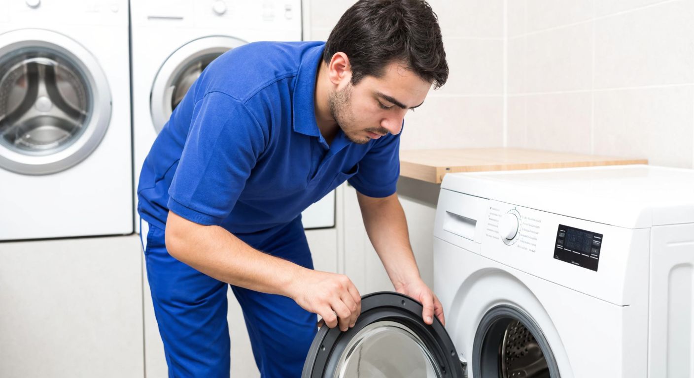 A focused Turkish repairman in a blue uniform carefully replacing the rubber gasket of an Arçelik washing machine in a bright, tiled laundry room.