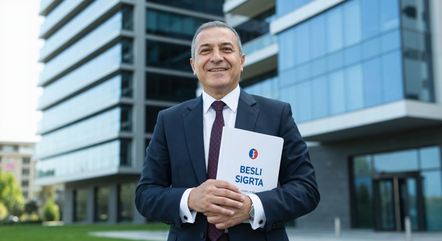 A distinguished middle-aged Turkish man in a formal suit stands confidently in front of a modern office building in Ankara, holding a folder labeled "Beşli Sigorta," with a warm, professional smile.