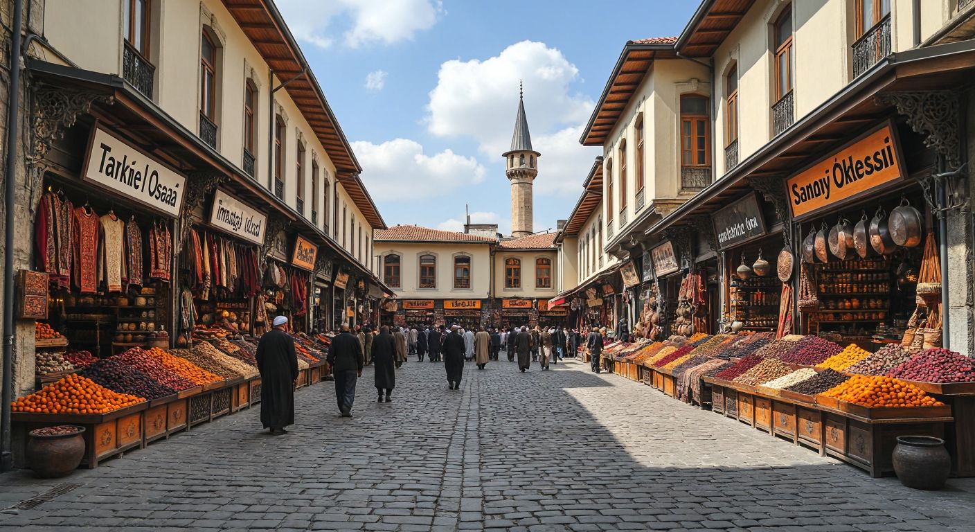 A bustling Kayseri marketplace with two distinct buildings side by side—one labeled "Ticaret Odası" with merchants trading spices and textiles, and the other "Sanayi Odası" with artisans crafting metalwork—separated by a symbolic rift in the cobblestone path.  

*(Note: The description includes implied labels for clarity, but these would be omitted in the final visual representation per guidelines.)*  

**Revised without implied text:**  
Two grand Ottoman-style buildings in Kayseri stand side by side—one bustling with merchants weighing dried apricots and carpets, the other echoing with the clang of copper craftsmen, divided by a faint crack in the stone courtyard.