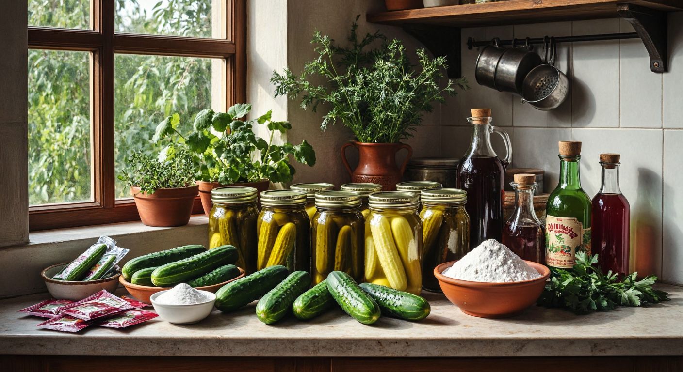 A rustic Turkish kitchen counter displays jars of pickles surrounded by natural stabilizers like gelatin packets, carob gum, agar powder, and a bowl of starch, with fresh cucumbers and vinegar bottles nearby.