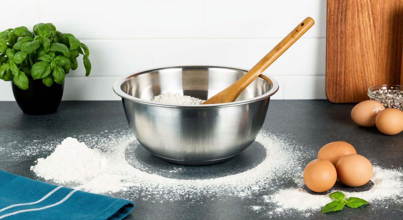 A stainless steel mixing bowl with a snug-fitting lid sits on a Turkish kitchen counter, surrounded by scattered flour and eggs, while a wooden spoon rests inside the bowl.