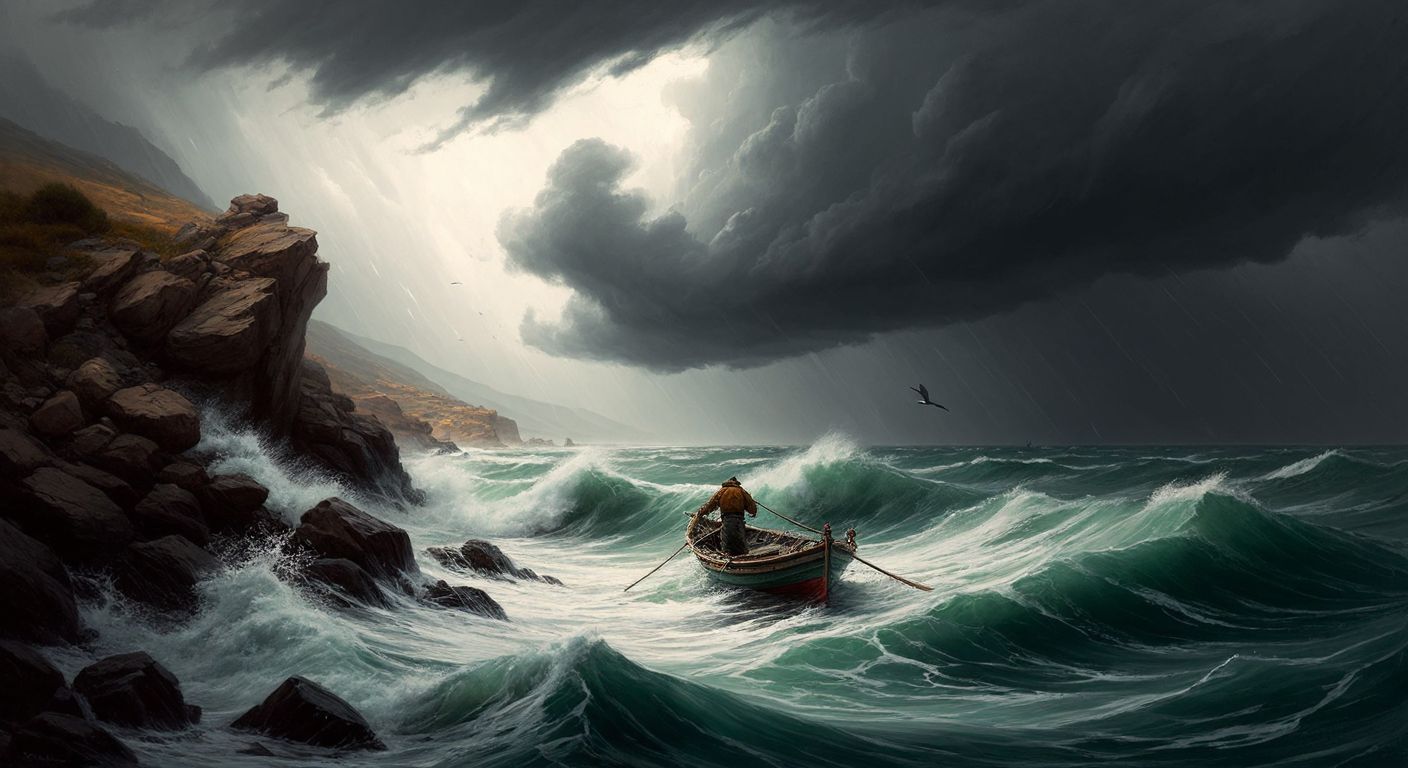 A stormy sea with turbulent waves crashing against a rocky Turkish coastline, dark clouds looming overhead, and a lone fisherman struggling to steady his small wooden boat amidst the chaos.