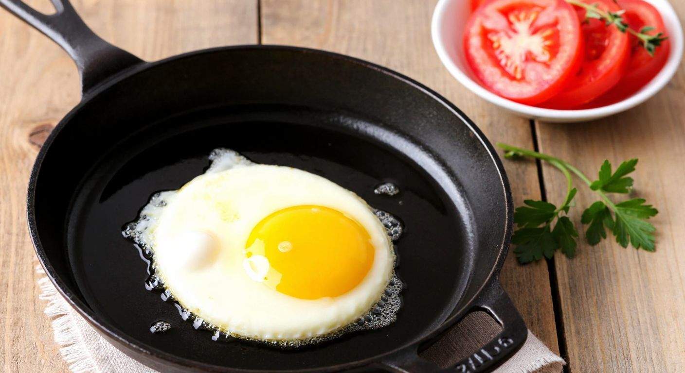 A golden fried egg sizzling in a small black cast-iron pan with olive oil, placed on a rustic wooden table beside a bowl of fresh tomatoes and a sprig of parsley, evoking a simple Turkish breakfast scene.