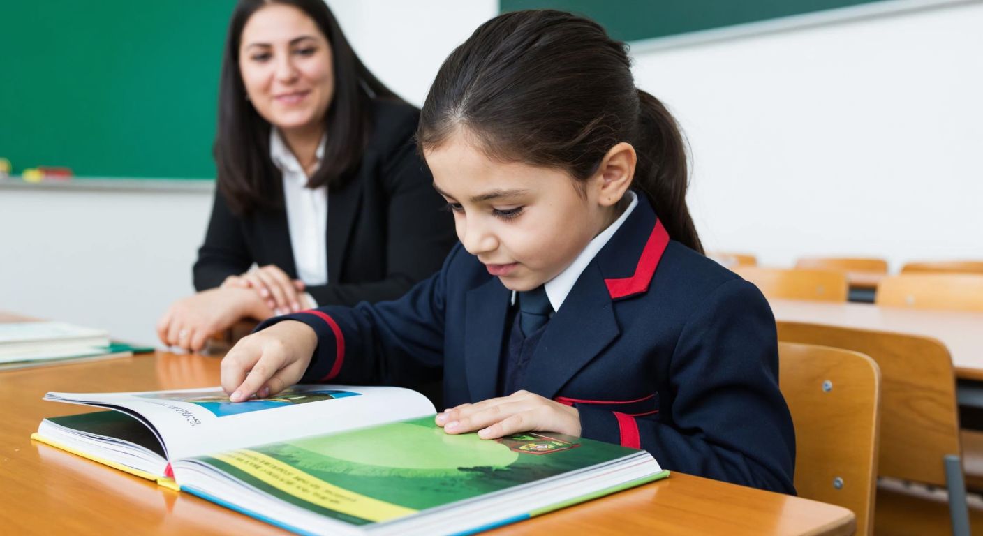 A young student in a Turkish classroom, wearing a school uniform, curiously flipping through a colorful 5th-grade Turkish textbook on a wooden desk, with a teacher smiling in the background.