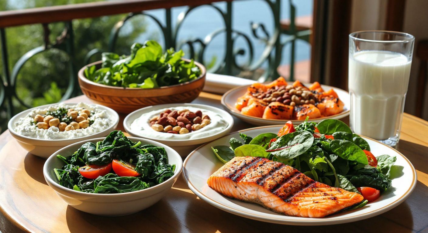 A Turkish dining table set with a colorful spread of yogurt, white cheese, leafy greens like spinach, a bowl of mixed nuts, grilled salmon, and a glass of ayran, bathed in warm sunlight.