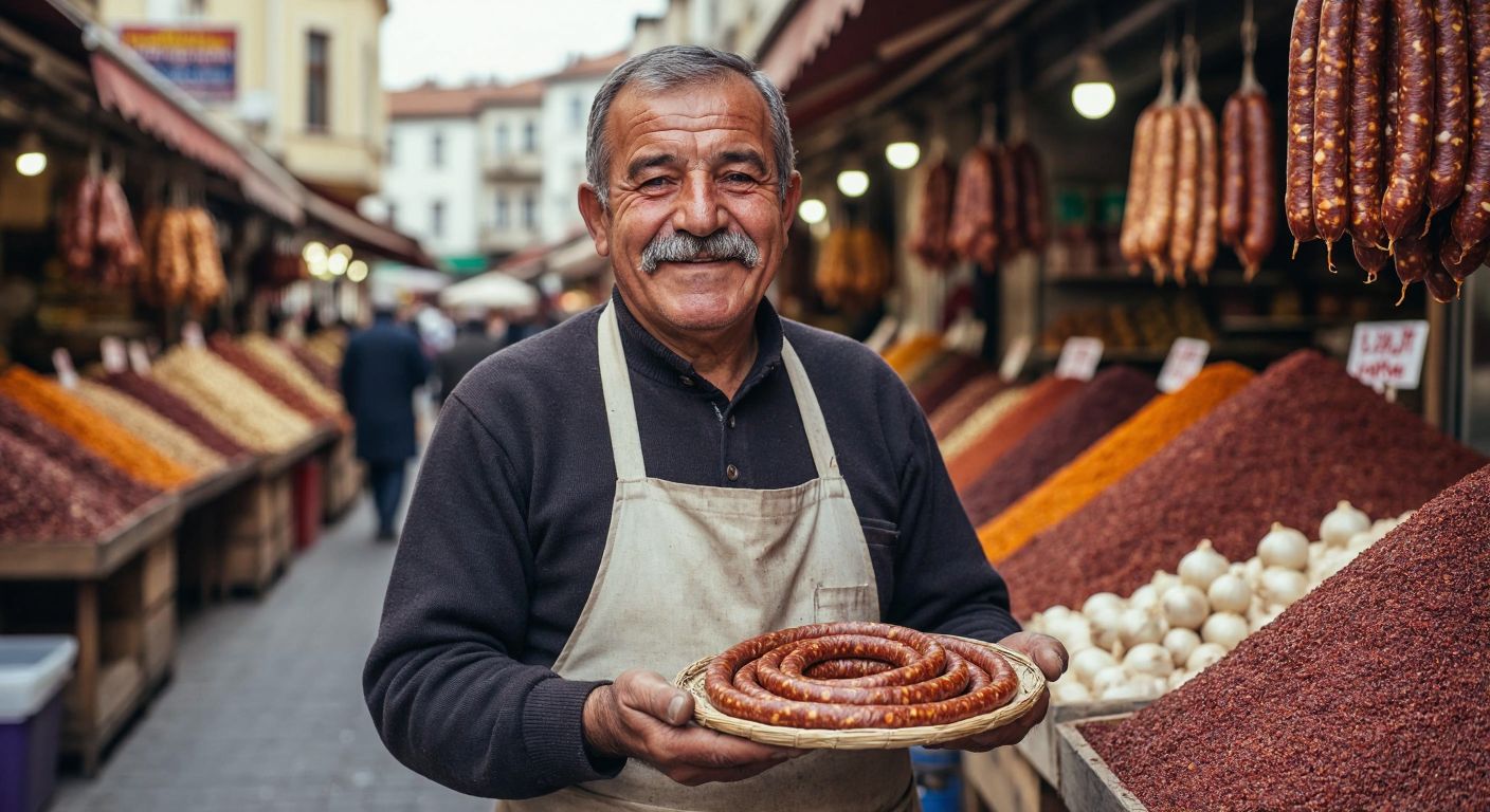 A dignified elderly Turkish man with a thick mustache, wearing a traditional apron, stands proudly in front of a bustling Afyonkarahisar spice market, holding a coil of freshly made sucuk with a warm, inviting smile.