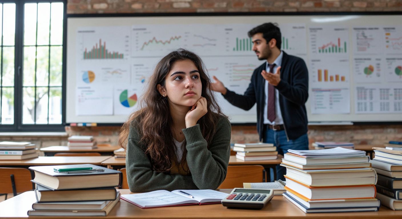 A young Turkish student in a university classroom, surrounded by stacks of accounting books and a calculator, looking thoughtfully at a syllabus while a professor gestures toward a whiteboard covered in financial charts.