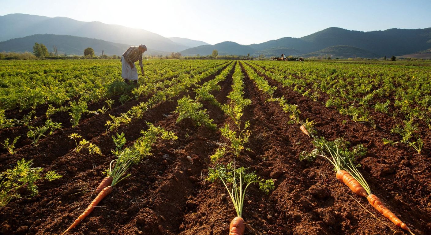 A sunlit field in Turkey's Mediterranean region, with rows of long orange carrots sprouting from rich, tilled soil, framed by distant mountains and a farmer in traditional attire inspecting the harvest.