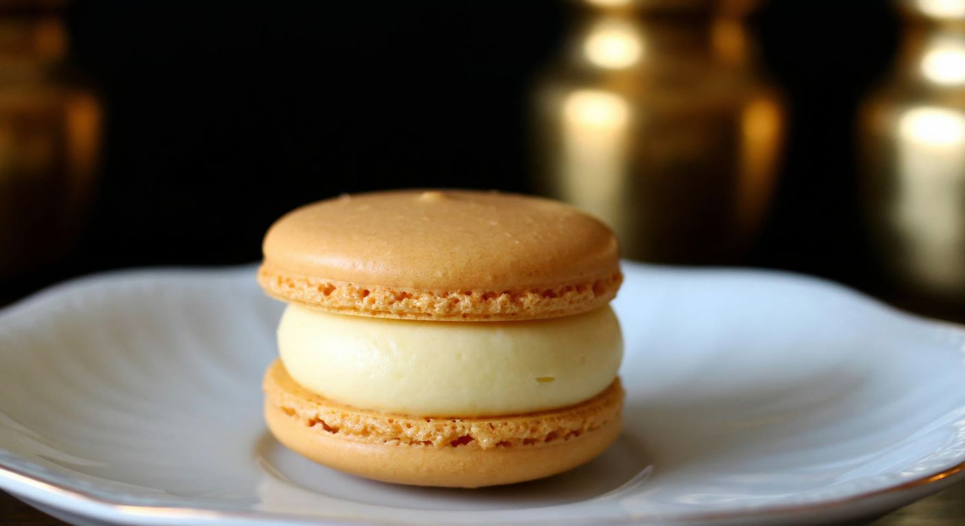 A close-up of a golden-brown macaron with a creamy filling, placed on a delicate porcelain plate in a warmly lit Turkish kitchen.