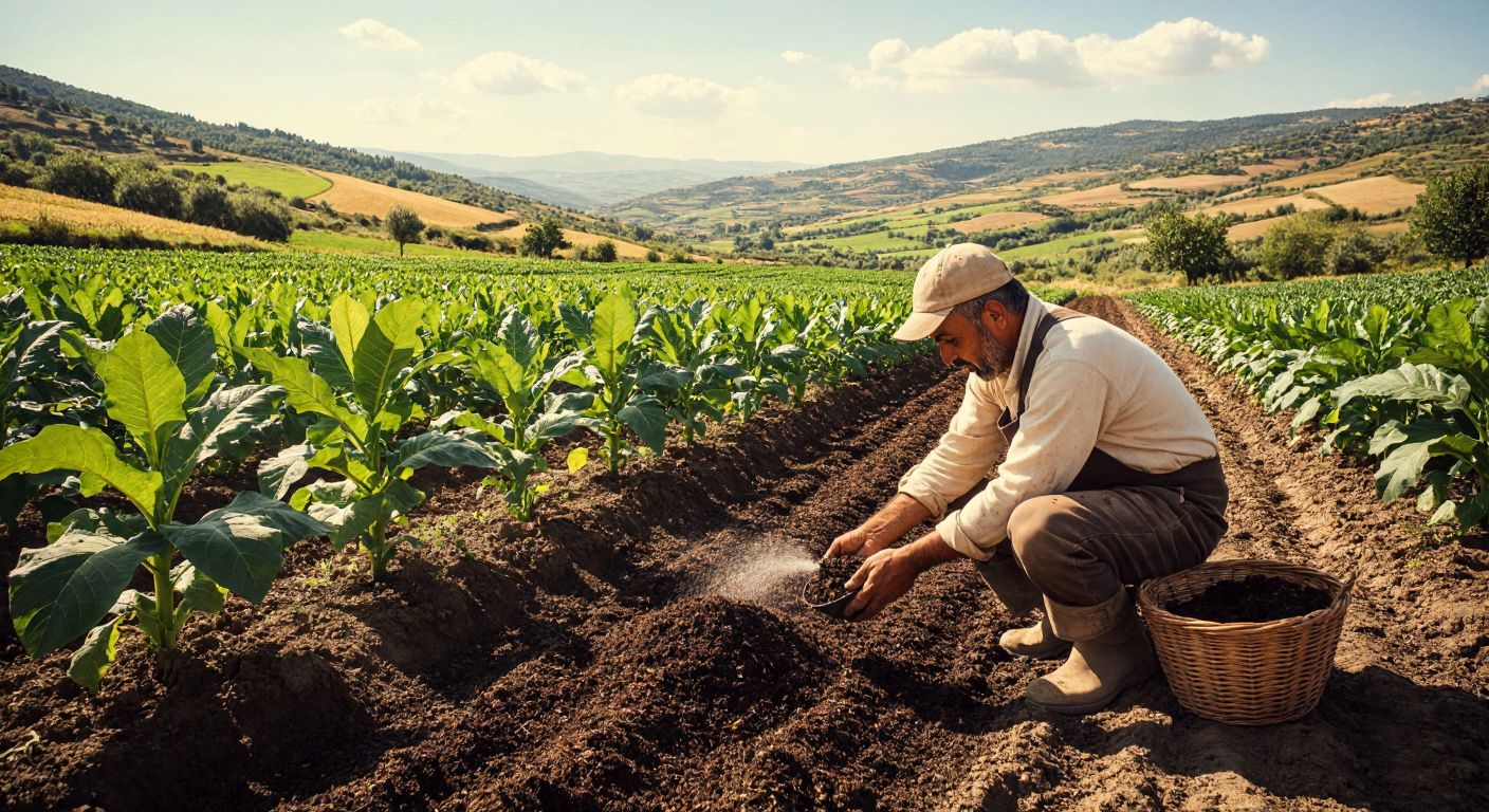 A Turkish farmer in a sunlit tobacco field, kneeling to carefully sprinkle organic fertilizer around young green tobacco plants, with a basket of compost nearby and rolling rural hills in the background.