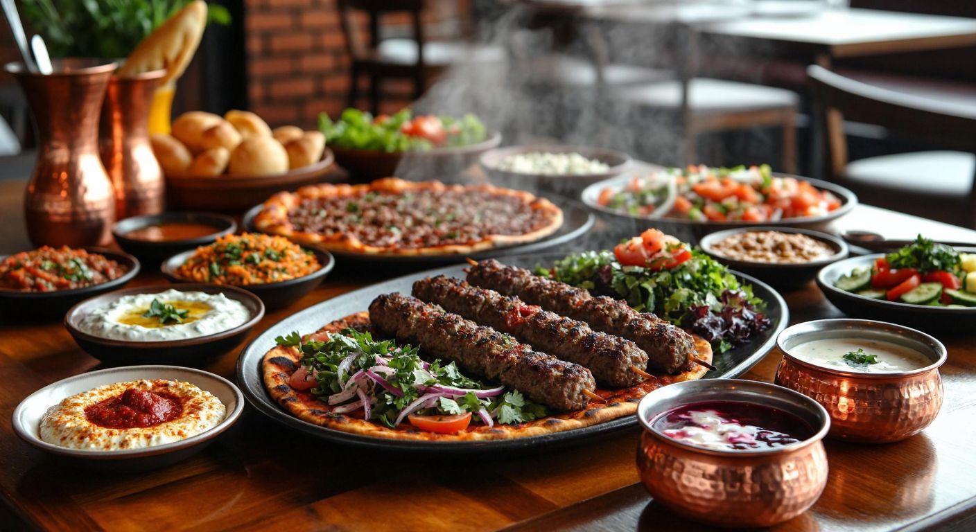 A vibrant Turkish restaurant table laden with steaming lahmacun, sizzling kebabs, colorful salads, and golden pide, surrounded by small bowls of creamy cacık and şalgam suyu in copper cups, evoking warmth and rich flavors.