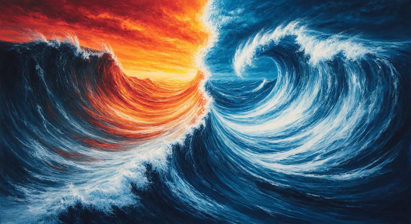 A vast ocean split diagonally, with one side glowing in warm reds and oranges representing equatorial currents, and the other in cool blues and whites depicting polar currents, while swirling winds and sinking dense waters illustrate their movement.