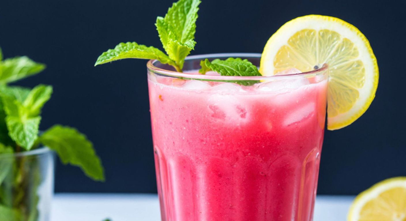 A vibrant pink lemonade in a tall glass with condensation droplets, garnished with a slice of lemon and fresh mint leaves, evoking a refreshing, sweet-tart flavor.