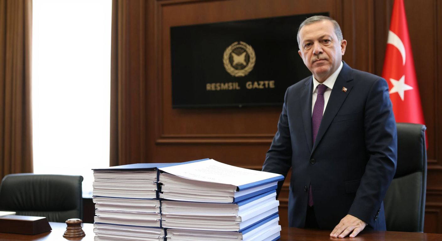 A solemn Turkish government official in a formal suit stands beside a stack of legal documents on a wooden desk, with a faintly visible *Resmî Gazete* in the background, symbolizing the announcement of the digital services tax law.