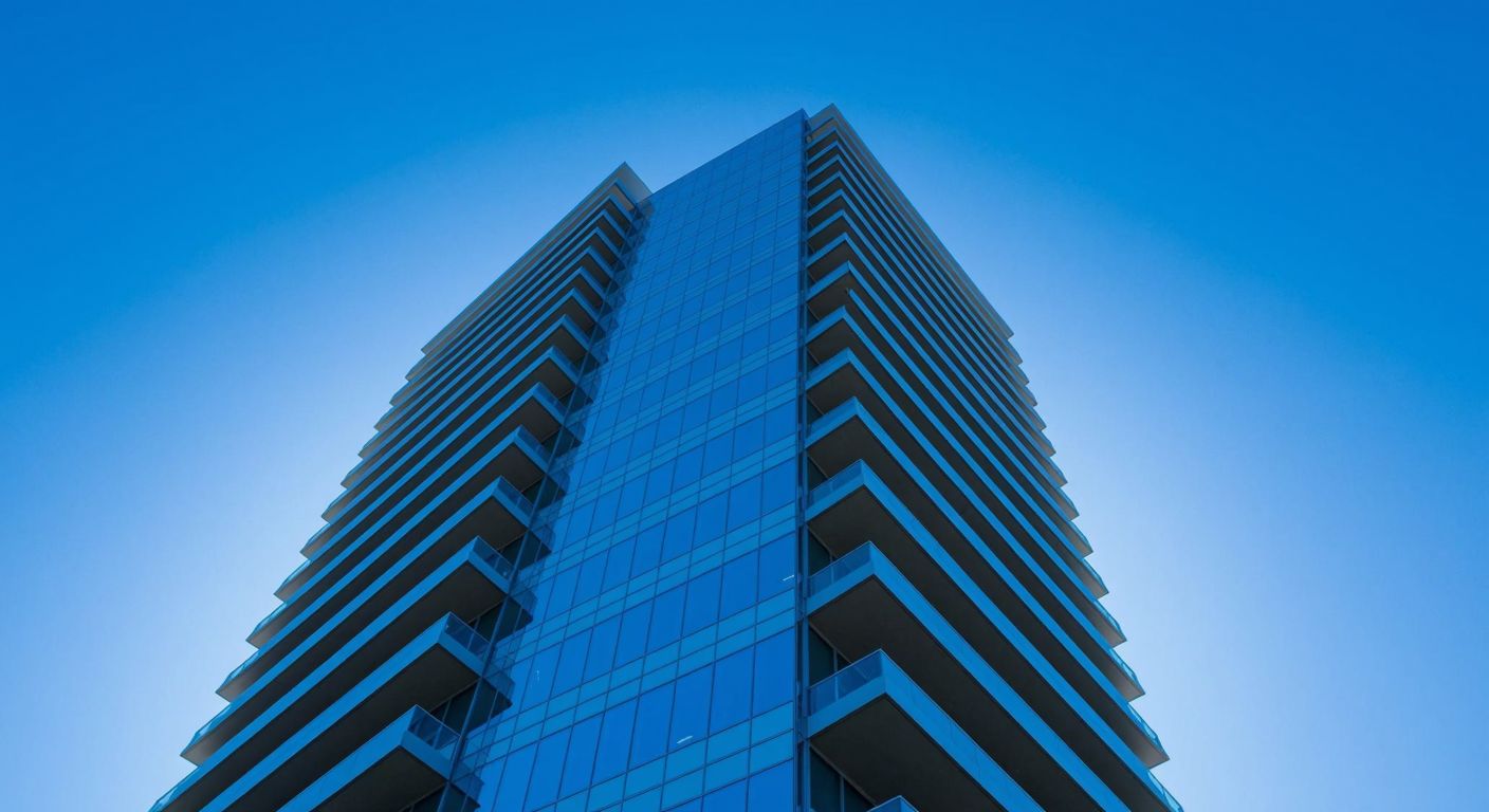 A tall, modern glass-and-steel building with nine distinct floors, set against a clear blue sky, reflecting sunlight with a sleek, futuristic design.