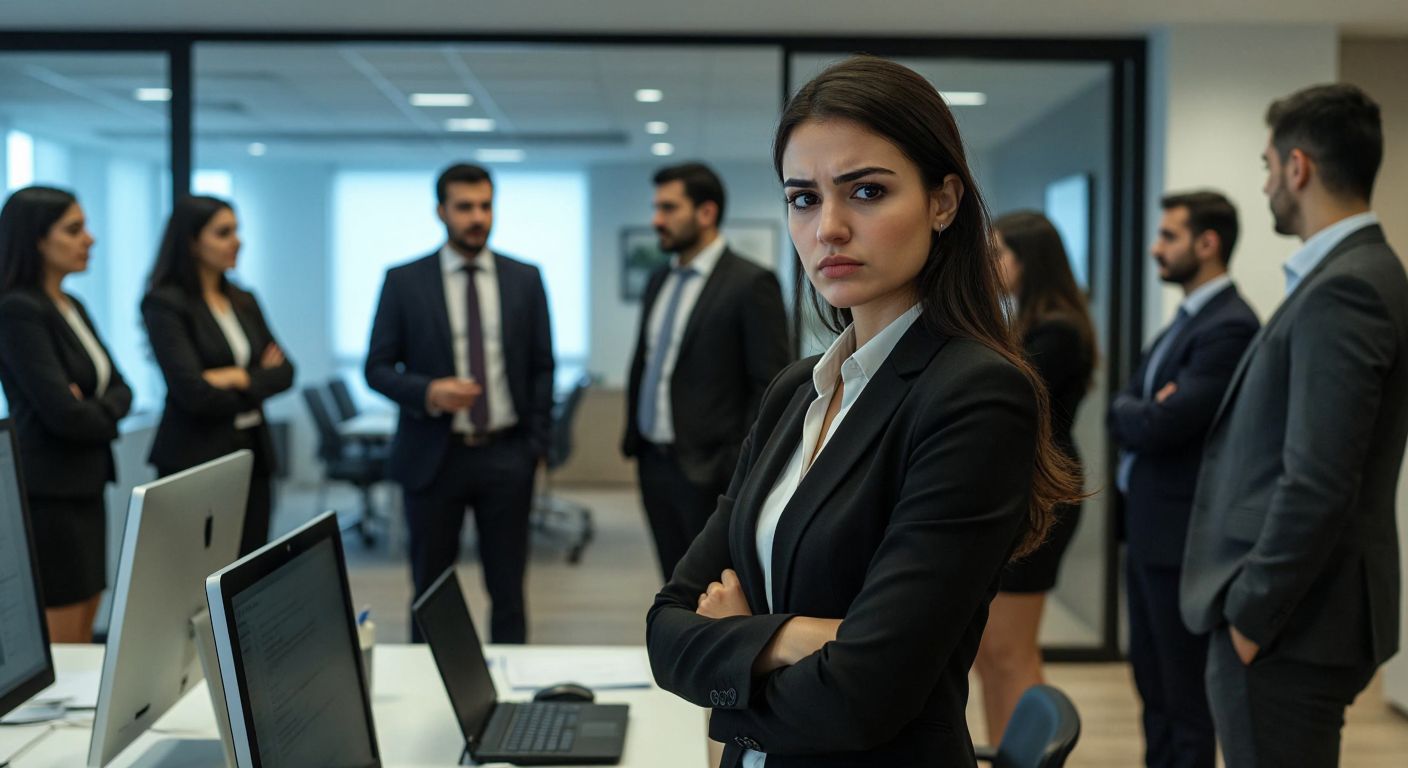A modern Turkish bank office with a professional woman in a business suit looking at a computer screen with a slight frown, while a group of well-dressed executives converse in the background.