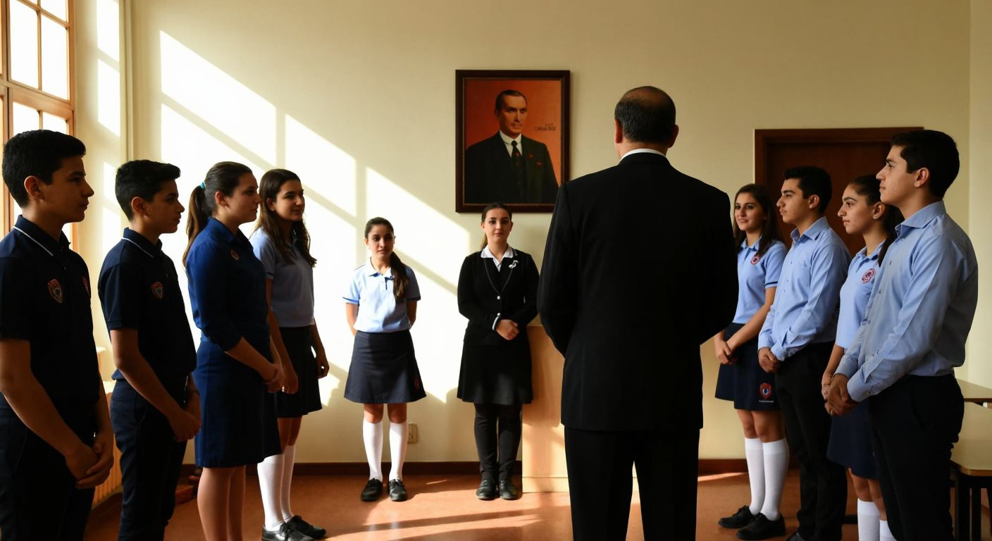 A group of Turkish middle and high school students in uniforms standing attentively in a sunlit classroom, listening to a teacher with a framed portrait of Atatürk on the wall behind them.