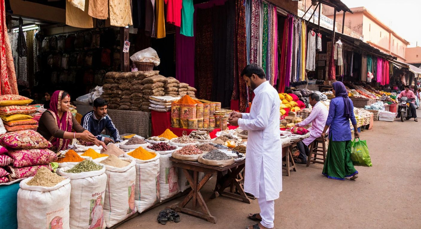 A bustling Indian marketplace with vibrant stalls selling spices and textiles, where a merchant in traditional attire negotiates with customers amid sacks of colorful goods.