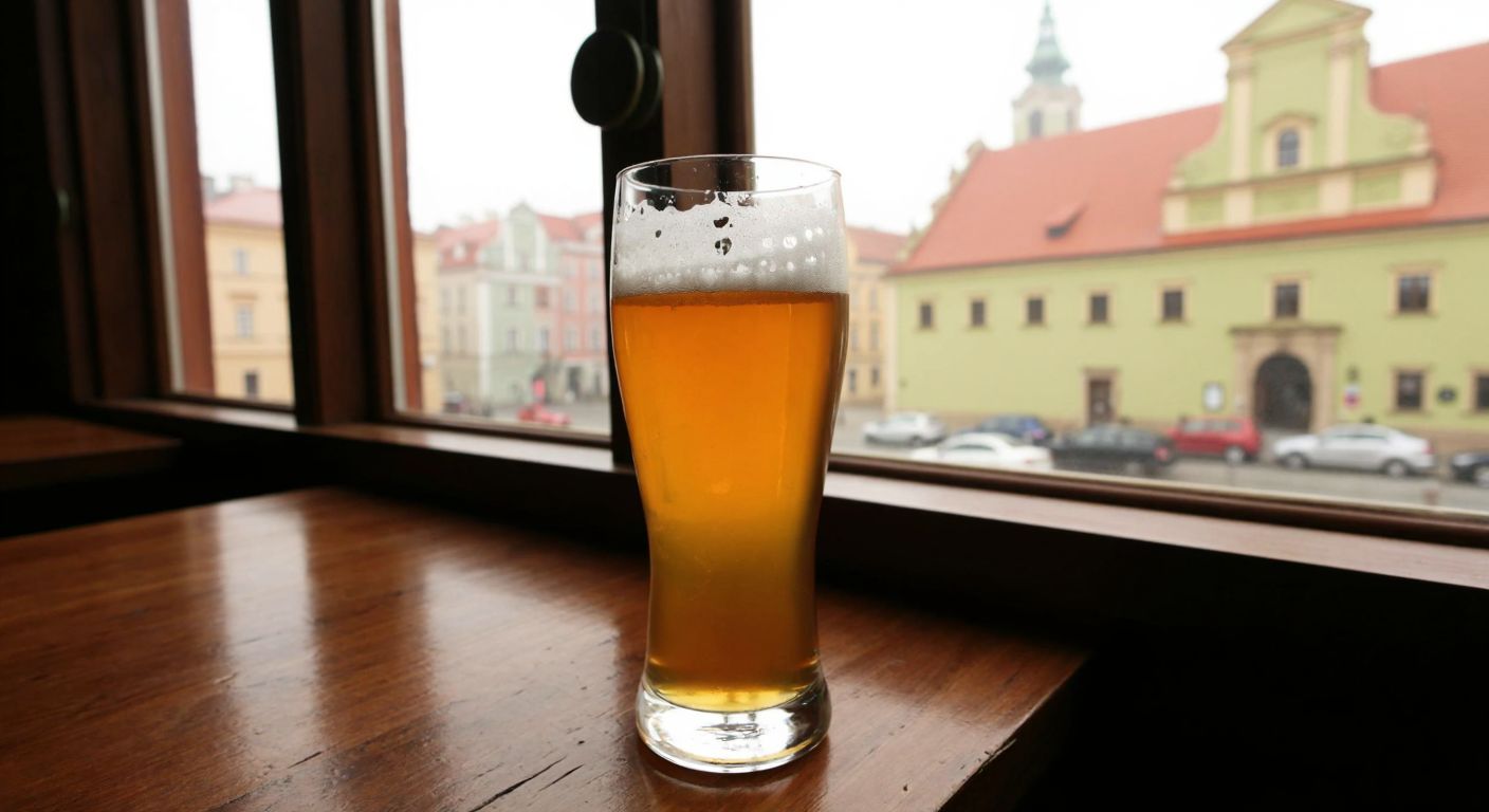 A frosty glass of golden Perla beer resting on a wooden table in a cozy Polish pub, with Lublin's historic architecture visible through a foggy window.