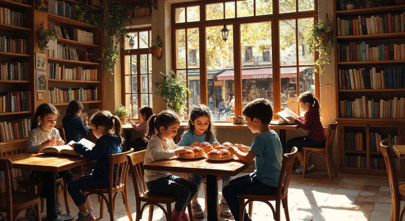 A cheerful Turkish café scene with a group of children aged 8-12 sitting at a wooden table, enjoying honey-glazed pastries (ballı çörek) and reading books, surrounded by warm sunlight and shelves filled with colorful novels.