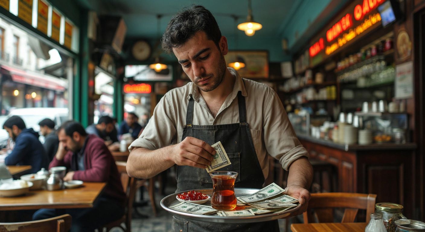 A tired but determined worker in a bustling Istanbul café balances a tray of steaming Turkish tea while counting cash, with a mix of exhaustion and satisfaction on their face.