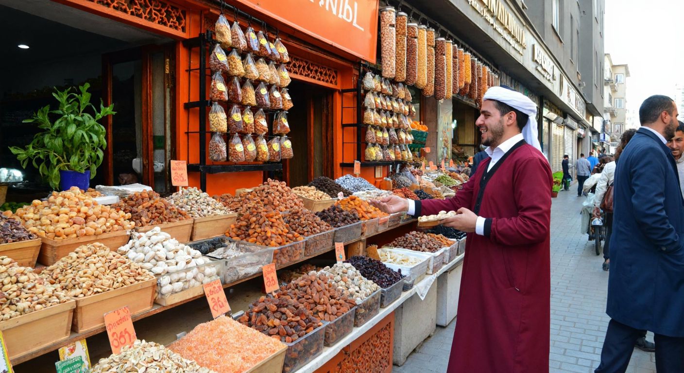 A bustling street in Diyarbakır with a vibrant orange-colored dried fruit shop, its shelves overflowing with nuts and dried fruits, while a smiling shopkeeper in traditional attire hands a customer a sample.