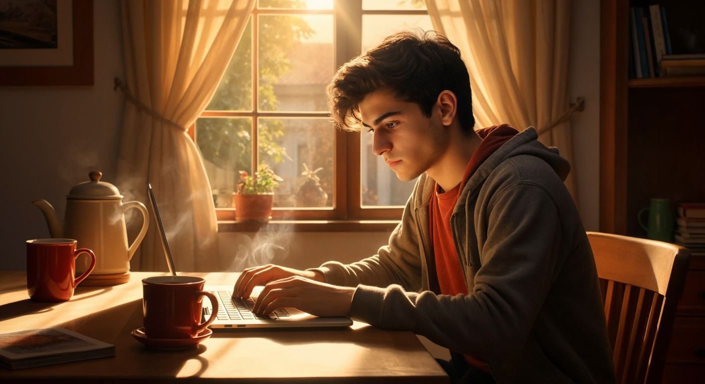 A young Turkish student with a focused expression sits at a wooden desk, clicking a laptop keyboard with a steaming cup of çay beside them, while a warm sunbeam illuminates the screen displaying the Tonguç Akademi homepage.