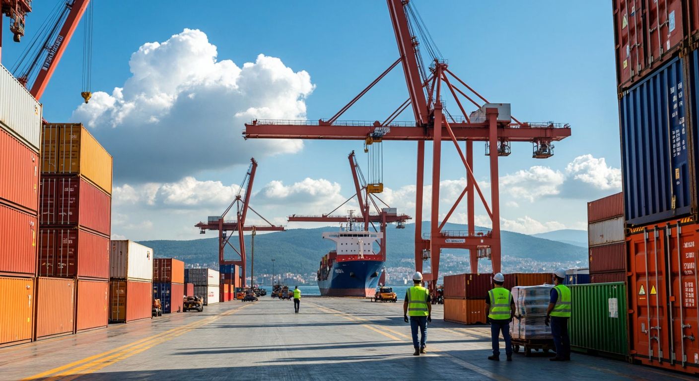 A bustling port in Bursa with towering cranes lifting colorful shipping containers, workers in safety vests guiding cargo onto ships, and stacks of goods under the bright sun near the glistening Sea of Marmara.