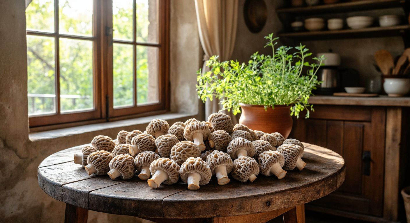 A rustic wooden table in a Turkish kitchen holds freshly picked morel mushrooms in earthy shades of cream, gray, and light brown, with warm sunlight streaming through a window.