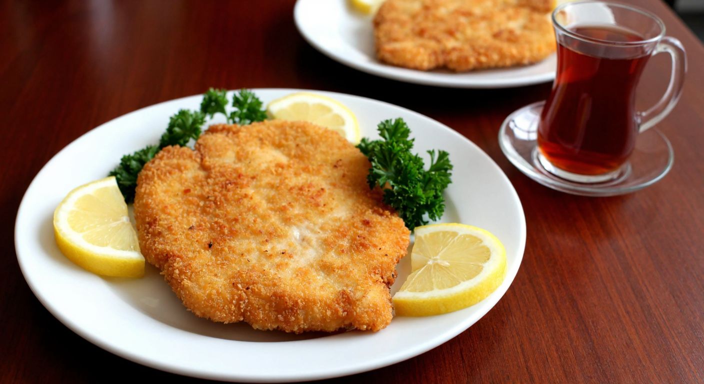 A golden-brown breaded chicken schnitzel on a white plate, garnished with fresh lemon wedges and parsley, placed on a wooden table with a Turkish tea glass in the background.