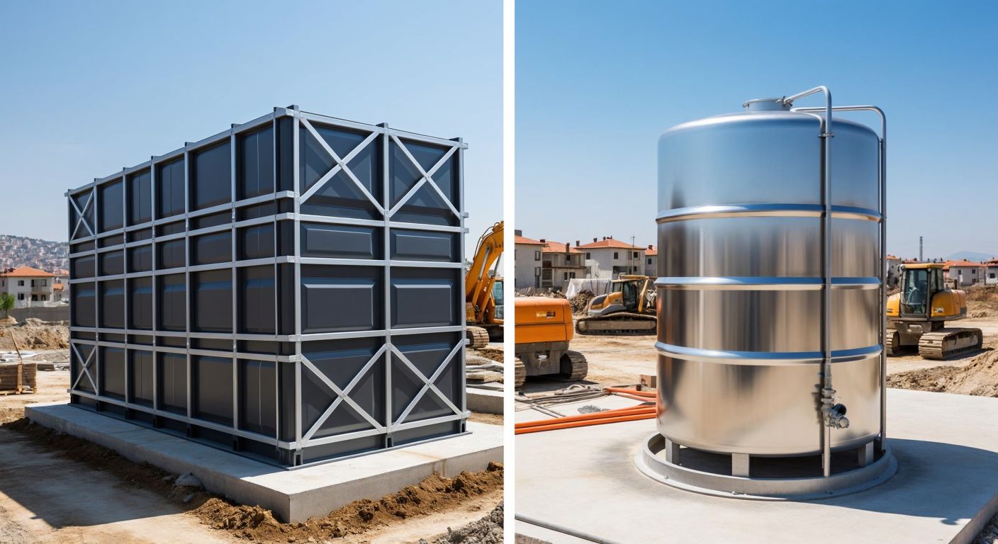 A split-image showing a modular water tank with interlocking panels on one side and a sleek stainless steel water tank on the other, placed in a sunny Turkish construction site with workers comparing their durability and flexibility.